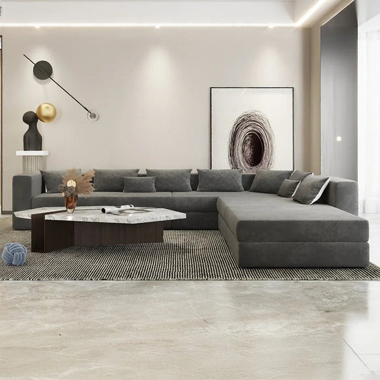 أركان كنبة زاوية من الكتان والخشب السويدي - 300x90x300x85 سم - رمادي - - AL-61