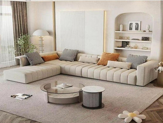 أركان كنبة زاوية مصنوعة من الخشب السويدي والمخمل - مقاس 300x80x85 سم - بيج