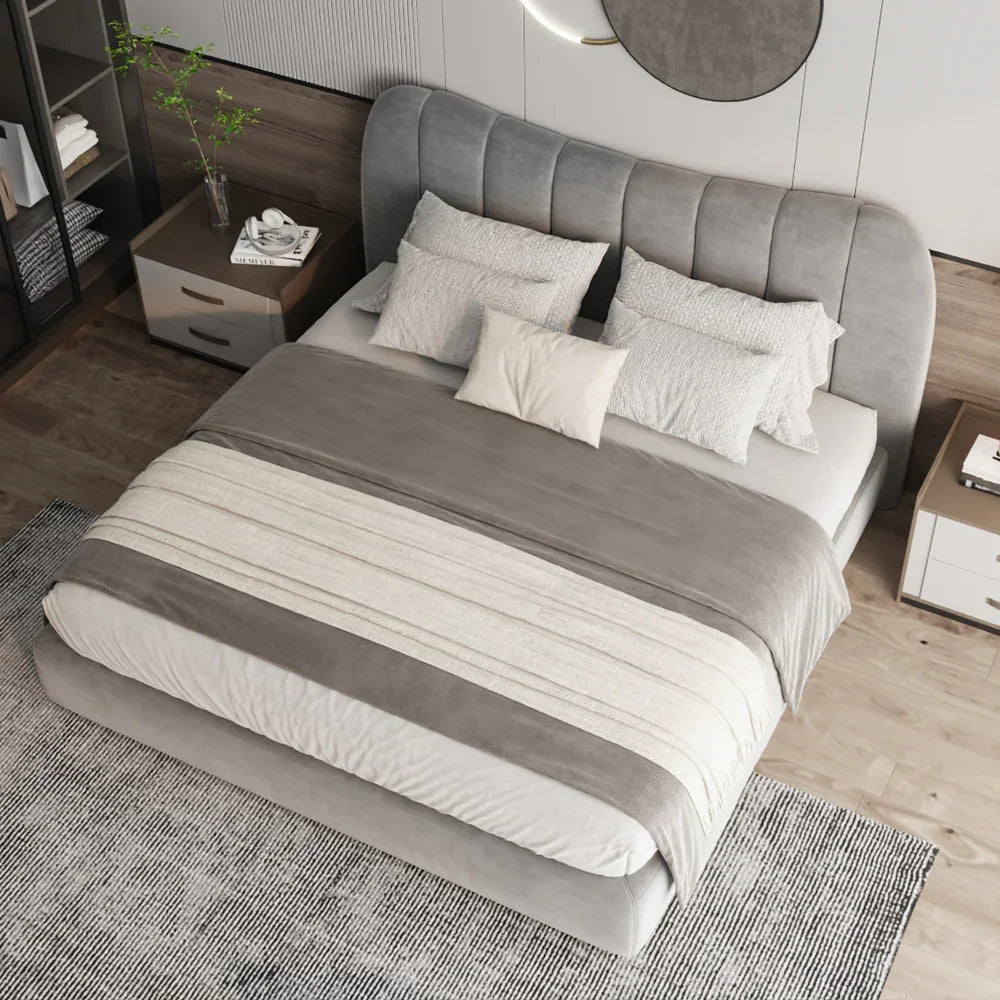 أركان سرير سوبر كينغ مخملي رمادي مع إطار خشبي سويدي من أركان