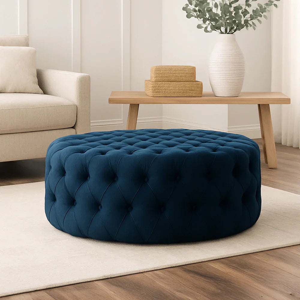 أركان arkan Linen Navy Pouf خشب ماليزي، قماش كتان، لون كحلي (70x45)