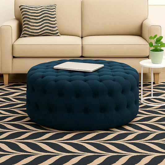 أركان arkan Linen Navy Pouf خشب ماليزي، قماش كتان، لون كحلي (70x45)