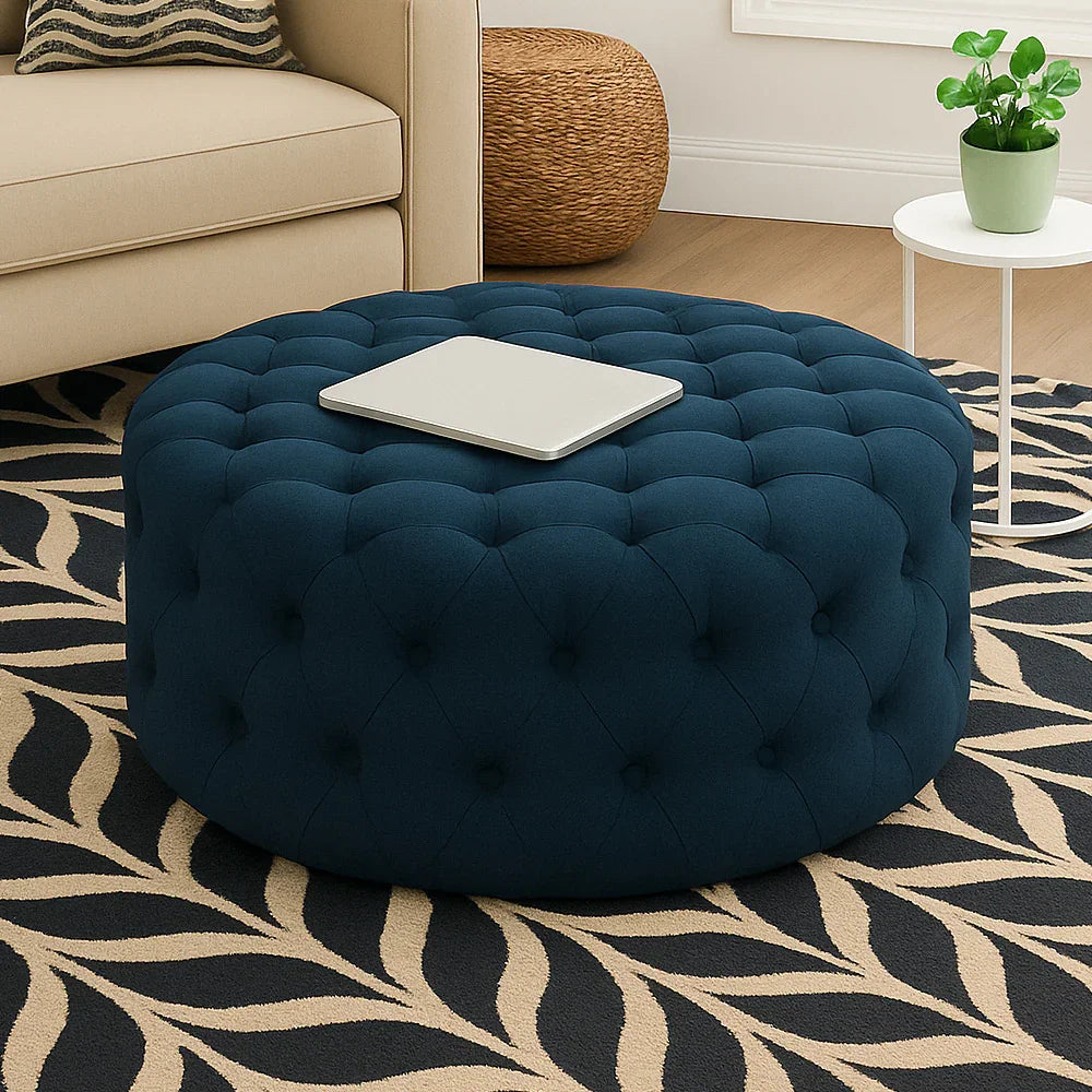 أركان arkan Linen Navy Pouf خشب ماليزي، قماش كتان، لون كحلي (70x45)