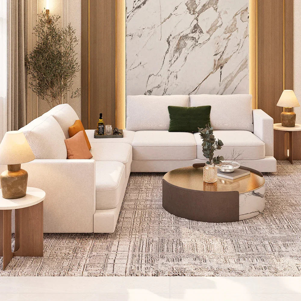 أركان أركان كنبة زاوية قماش كتان وخشب سويدي - 260x260x90x70 سم - بيج