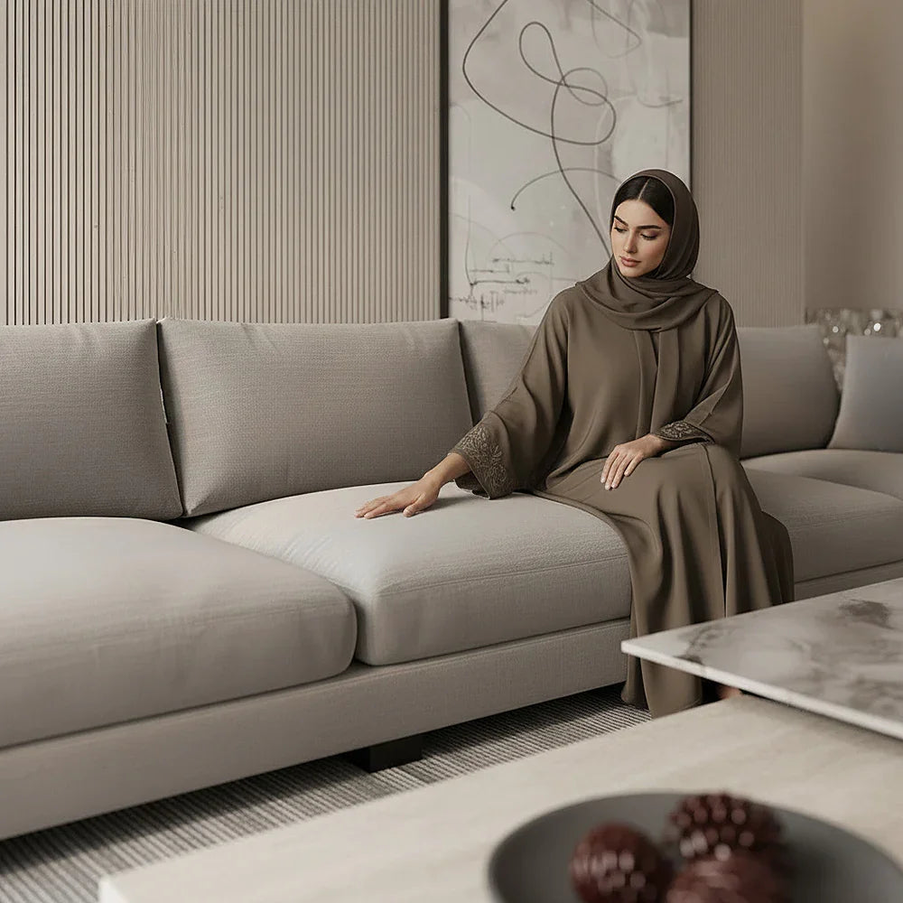 أركان كنبة زاوية كتان وخشب سويدي من أركان - 320x200x90 سم