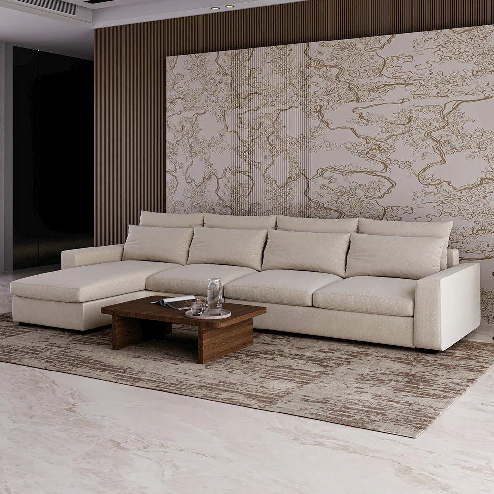 أركان كنبة زاوية  من الكتان والخشب السويدي - 80x170x95x340 cm- أوف وايت
