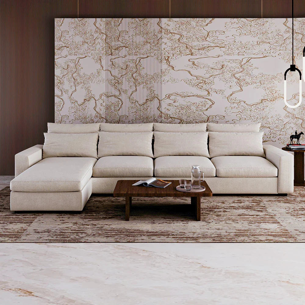 أركان كنبة زاوية  من الكتان والخشب السويدي - 80x170x95x340 cm- أوف وايت