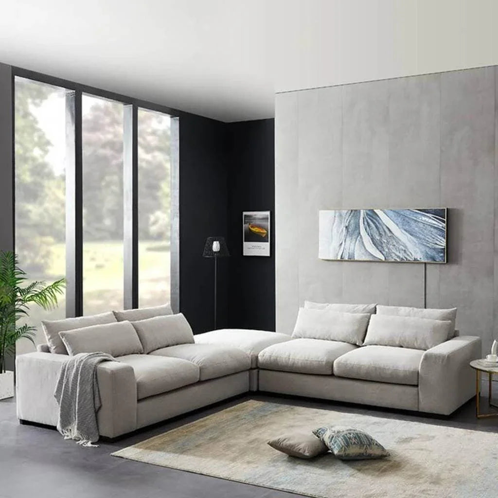 أركان كنبة زاوية من الكتان والخشب السويدي - 85x85x85x300 سم - أوف وايت -  - AL-4