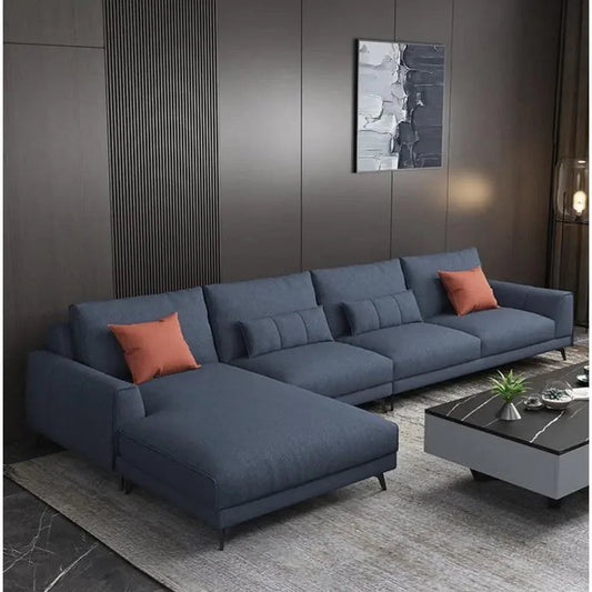 أركان كنبة زاوية بشكل حرف L من الكتان والخشب السويدي - 300x85x90 سم - أزرق  - AL-1374