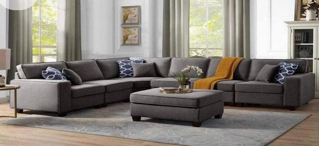 أركان كنبة زاوية من الكتان والخشب السويدي - 300x80x80 سم - رمادي  -  AL-1269