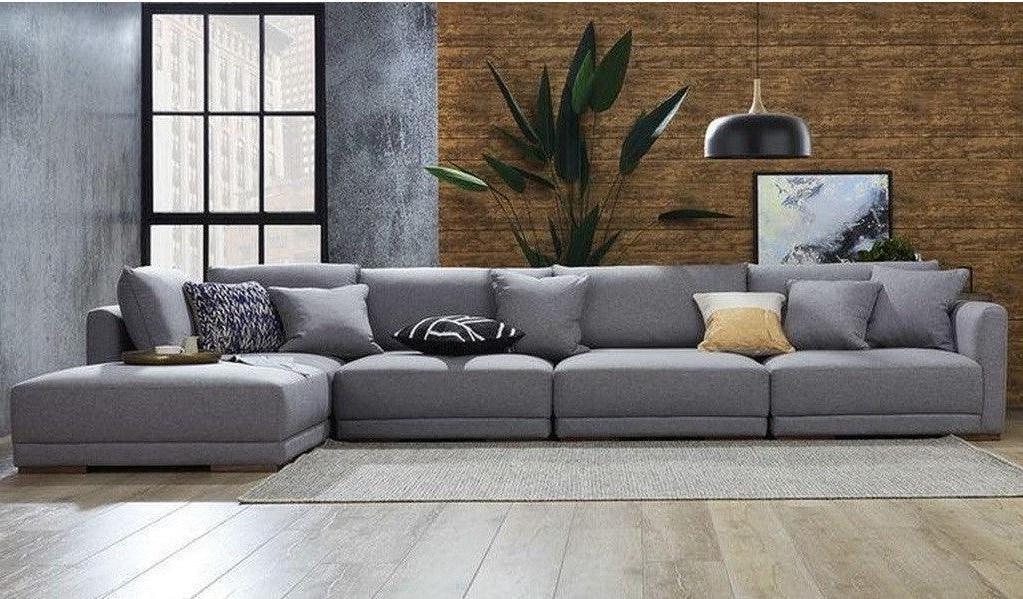 أركان أركان كنبة زاوية بشكل حرف L من الكتان والخشب السويدي - 80x400x80 سم - رمادي  - AL-1727