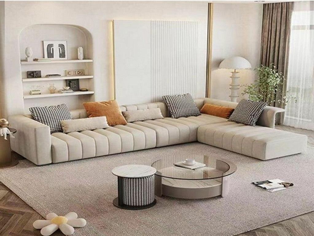 أركان كنبة زاوية  مصنوعة من الخشب السويدي والمخمل - مقاس 300x80x85 سم - بيج