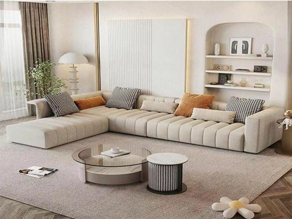 أركان كنبة زاوية  مصنوعة من الخشب السويدي والمخمل - مقاس 300x80x85 سم - بيج