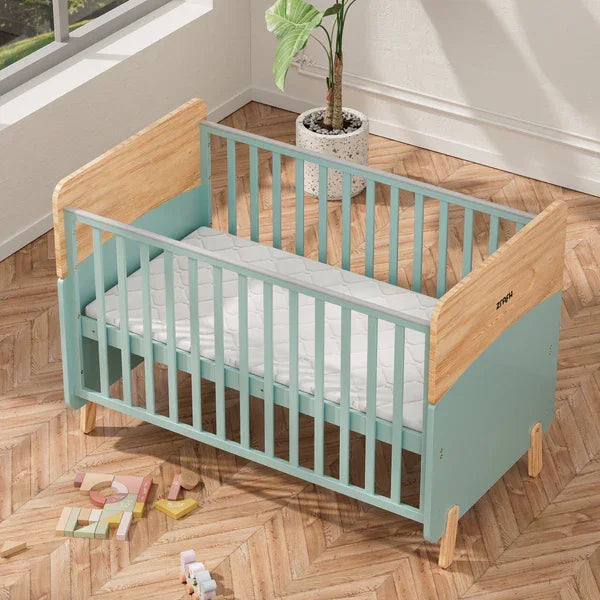 أركان سرير أطفال خشبي قابل للتحويل إلى سرير للأطفال الصغار مع ناموسية، لون أخضر/لوزي - WBB910-1G